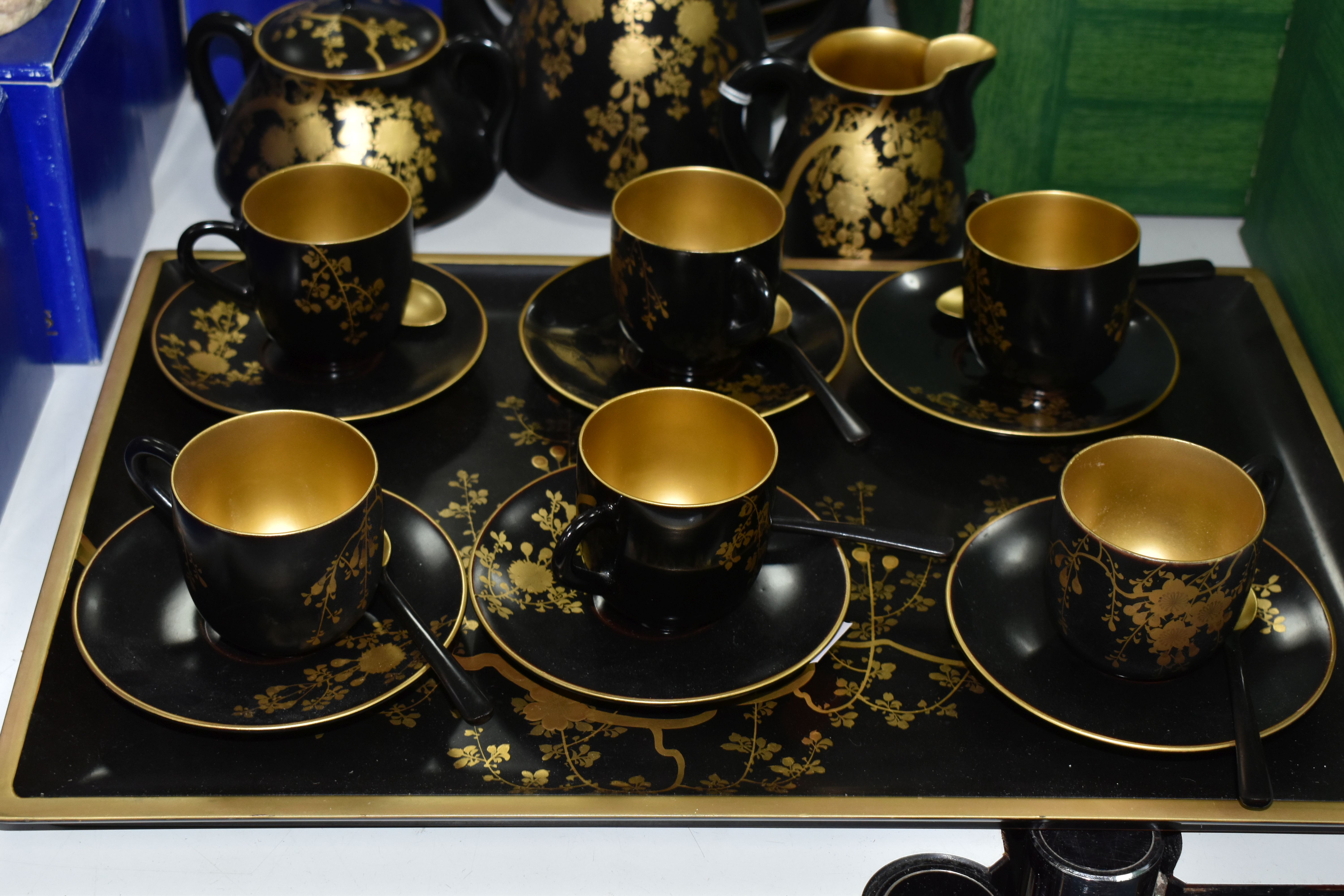 A CHINESE LACQUER WARE TEASET, comprising of a tray, six cups, saucers and spoons, teapot, milk - Image 2 of 8