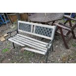 AN ALUMINIUM AND SLATTED TEAK GARDEN BENCH, length 119cm (condition:-crack to one slat)