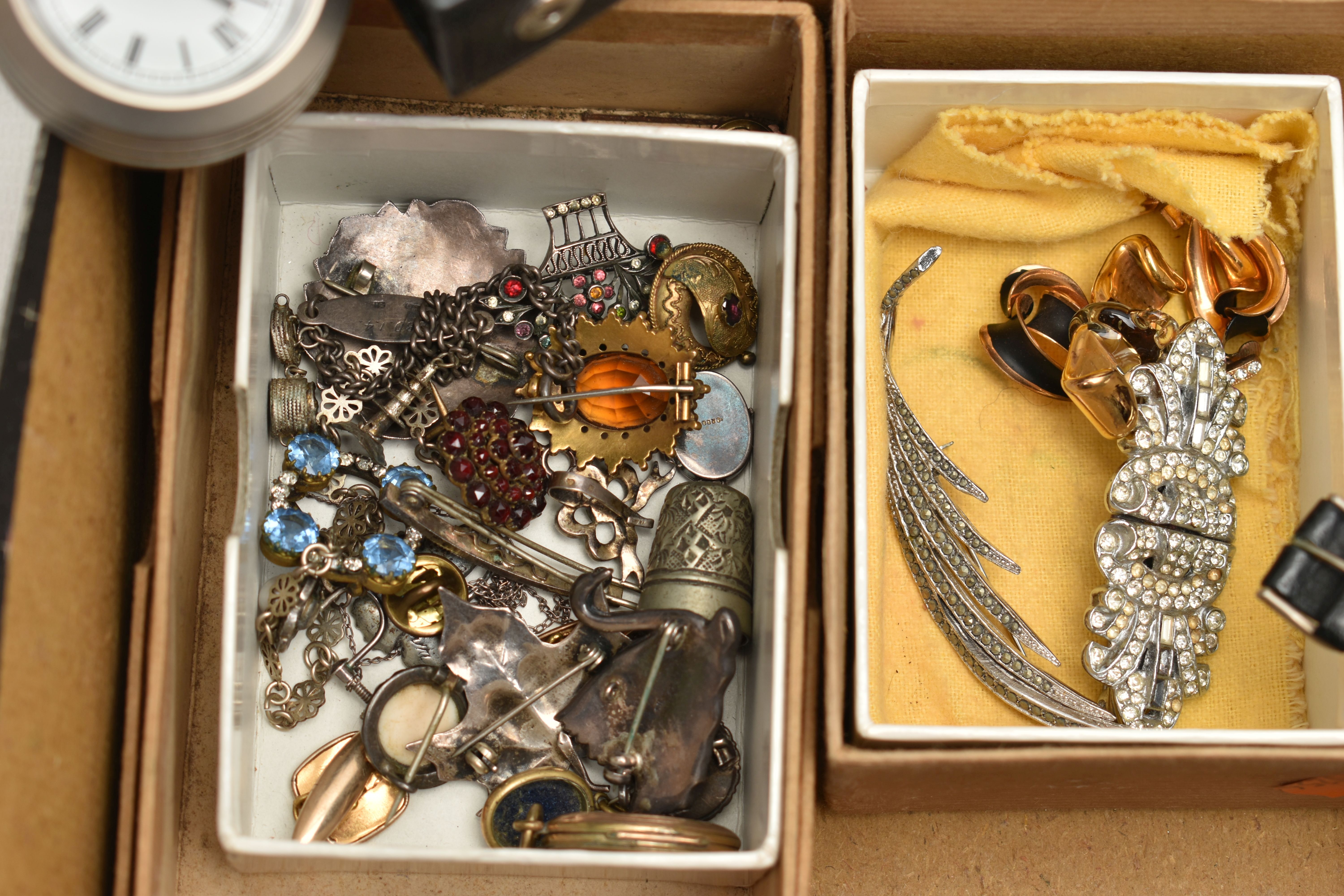A BOX OF ASSORTED ITEMS, to include a white metal mourning brooch, painted picture of a lady with - Image 3 of 4