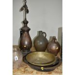 THREE SALT GLAZED FLAGONS, differing in age and size, a bronze table lamp with foliate detail, three