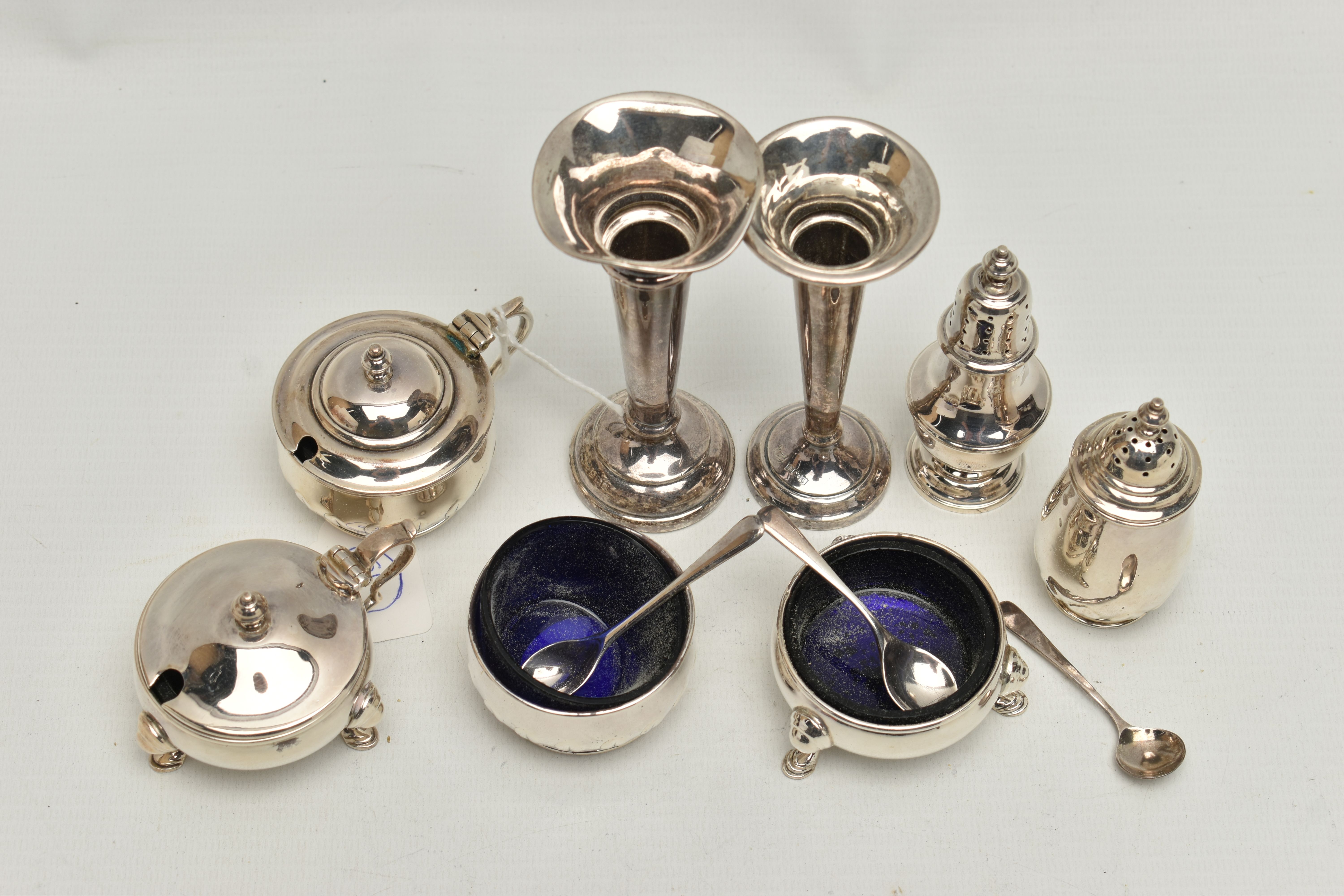 A PARCEL OF 20TH CENTURY SILVER CRUET ITEMS, POSY VASES, ETC, comprising two three piece cruet sets, - Image 5 of 6