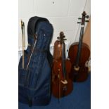 TWO CELLOS, comprising a French cello, length 120cm, body length 74cm, hand written label inside