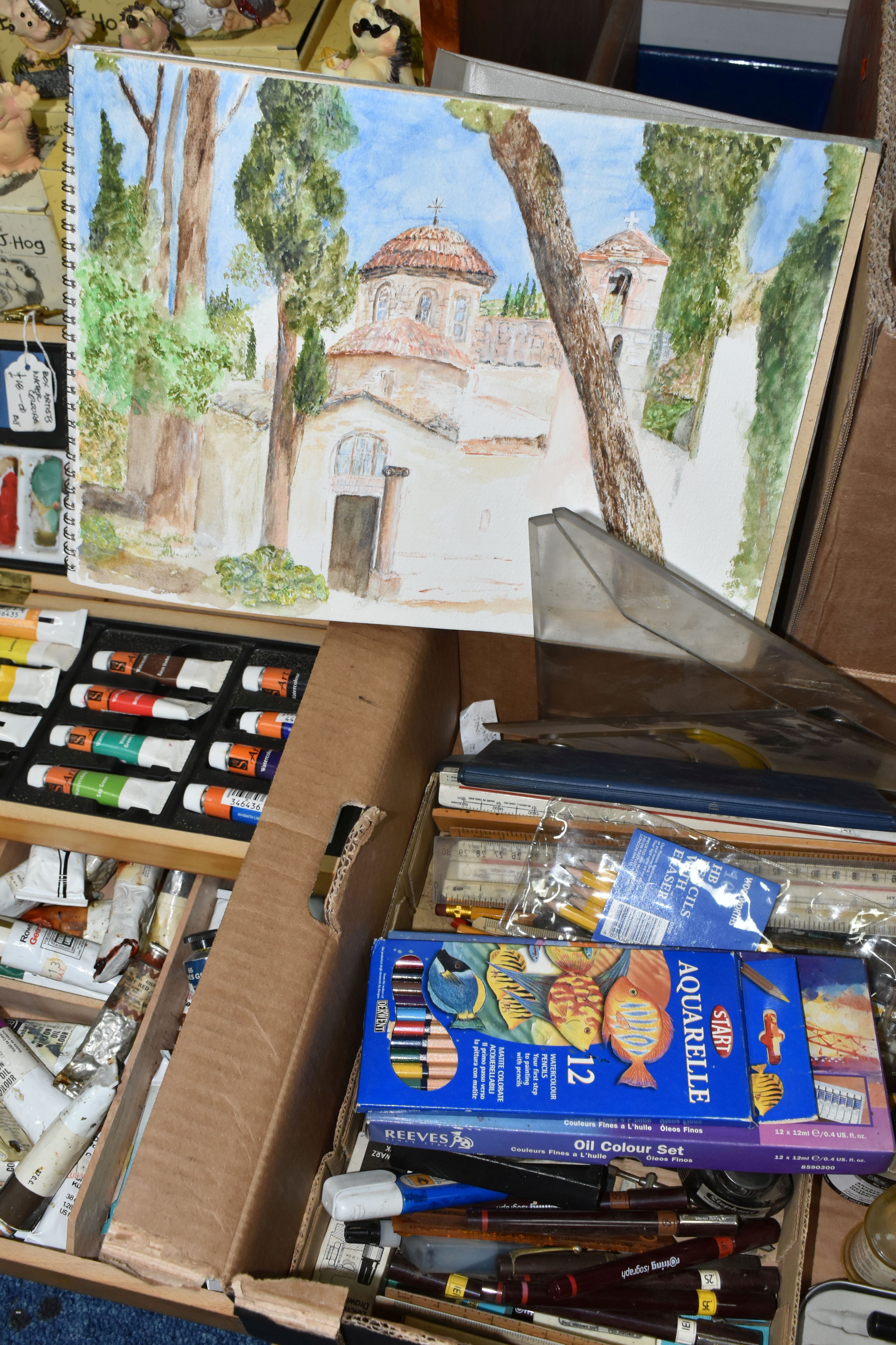 TWO BOXES OF ARTISTS MATERIALS, EASELS AND CANVAS, to include an assortment of brushes Crimson & - Image 2 of 5