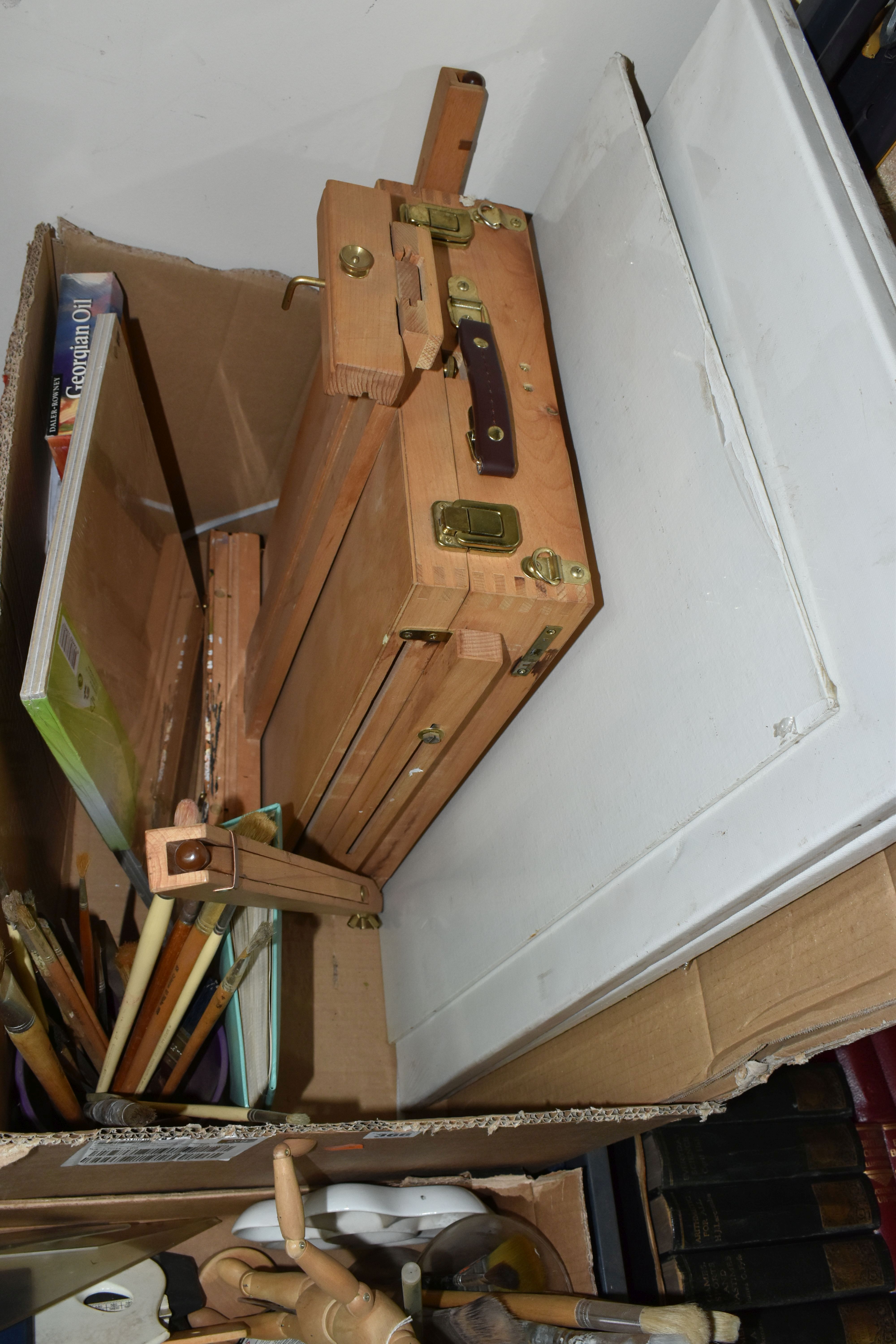 TWO BOXES OF ARTISTS MATERIALS, EASELS AND CANVAS, to include an assortment of brushes Crimson & - Image 5 of 5