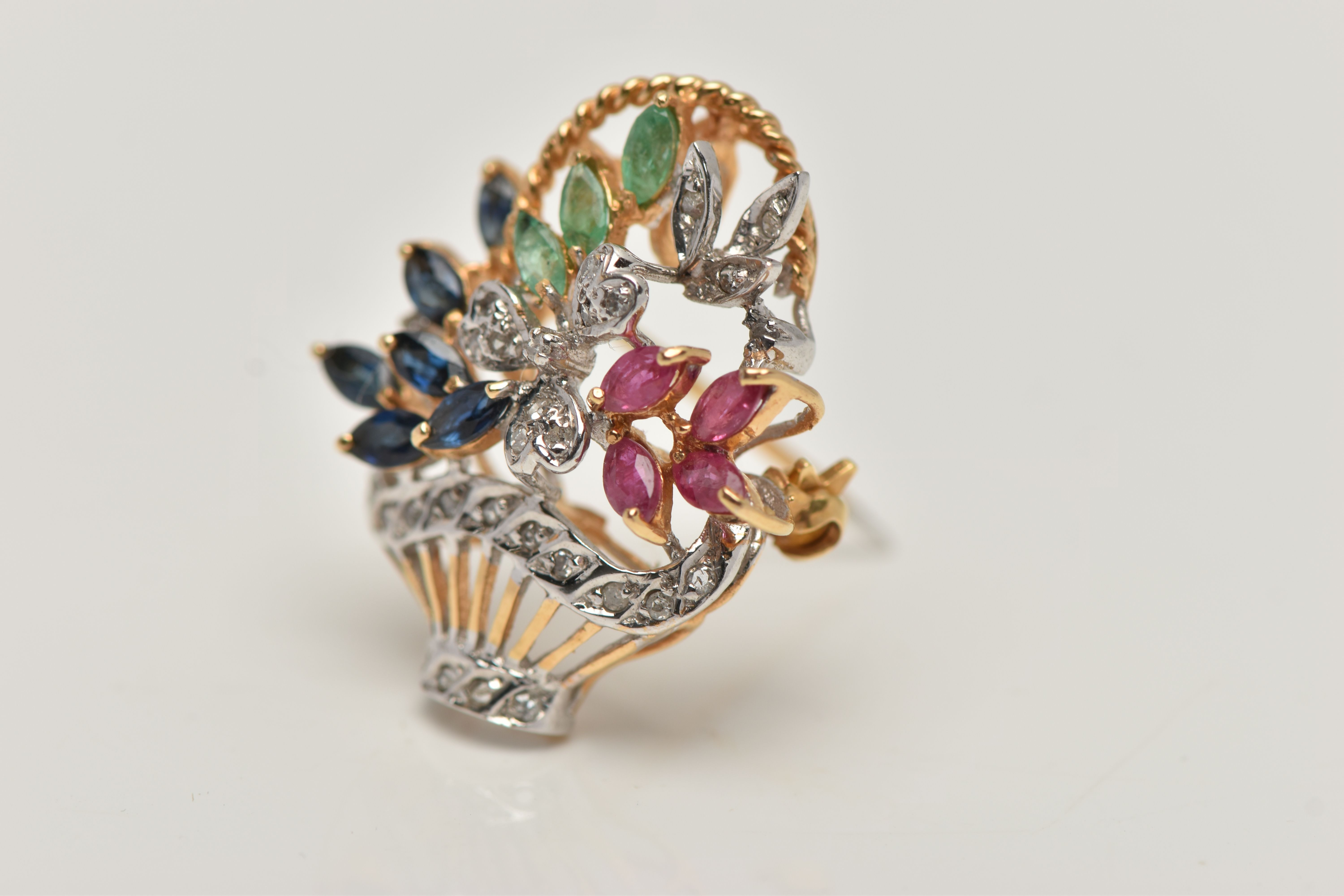 A GEM SET FLOWER BASKET BROOCH, yellow and white metal brooch set with four marquise cut rubies, - Image 3 of 4