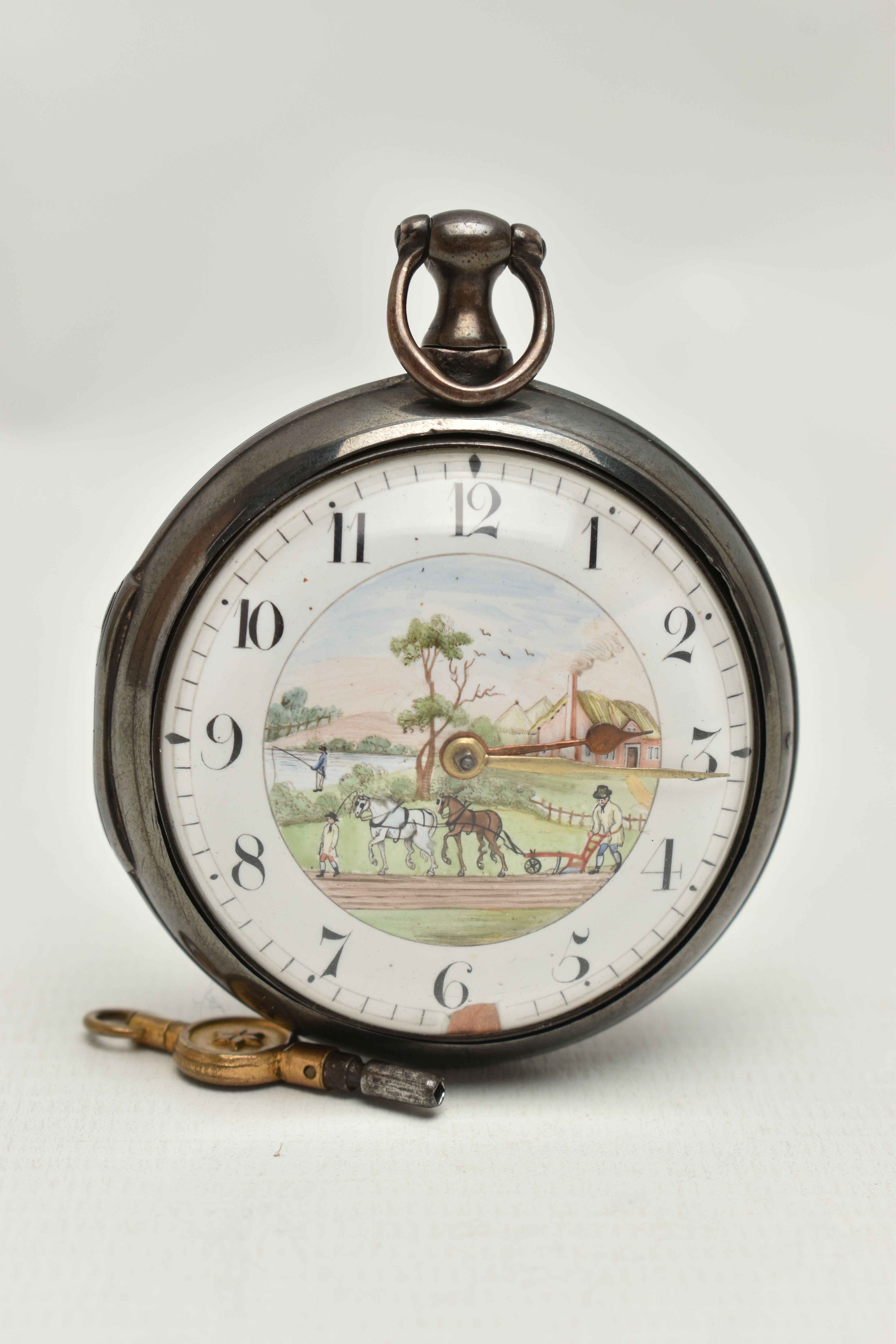 A GEORGE III SILVER PAIR CASED POCKET WATCH, the white enamel dial with Arabic numerals, painted