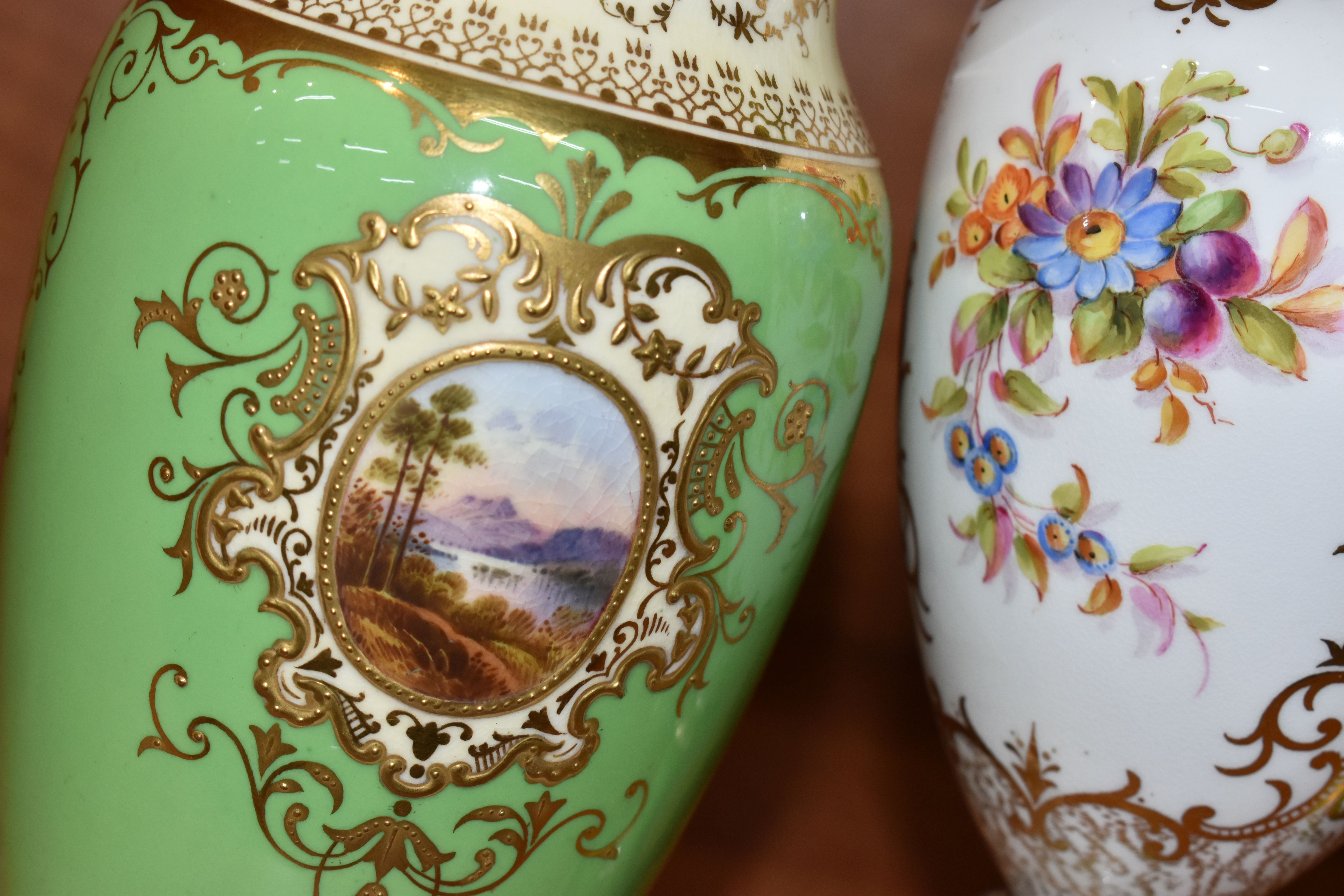 FOUR EARLY 20TH CENTURY COALPORT GREEN AND GILT GROUND EWERS AND VASES, comprising a pair of - Image 5 of 14
