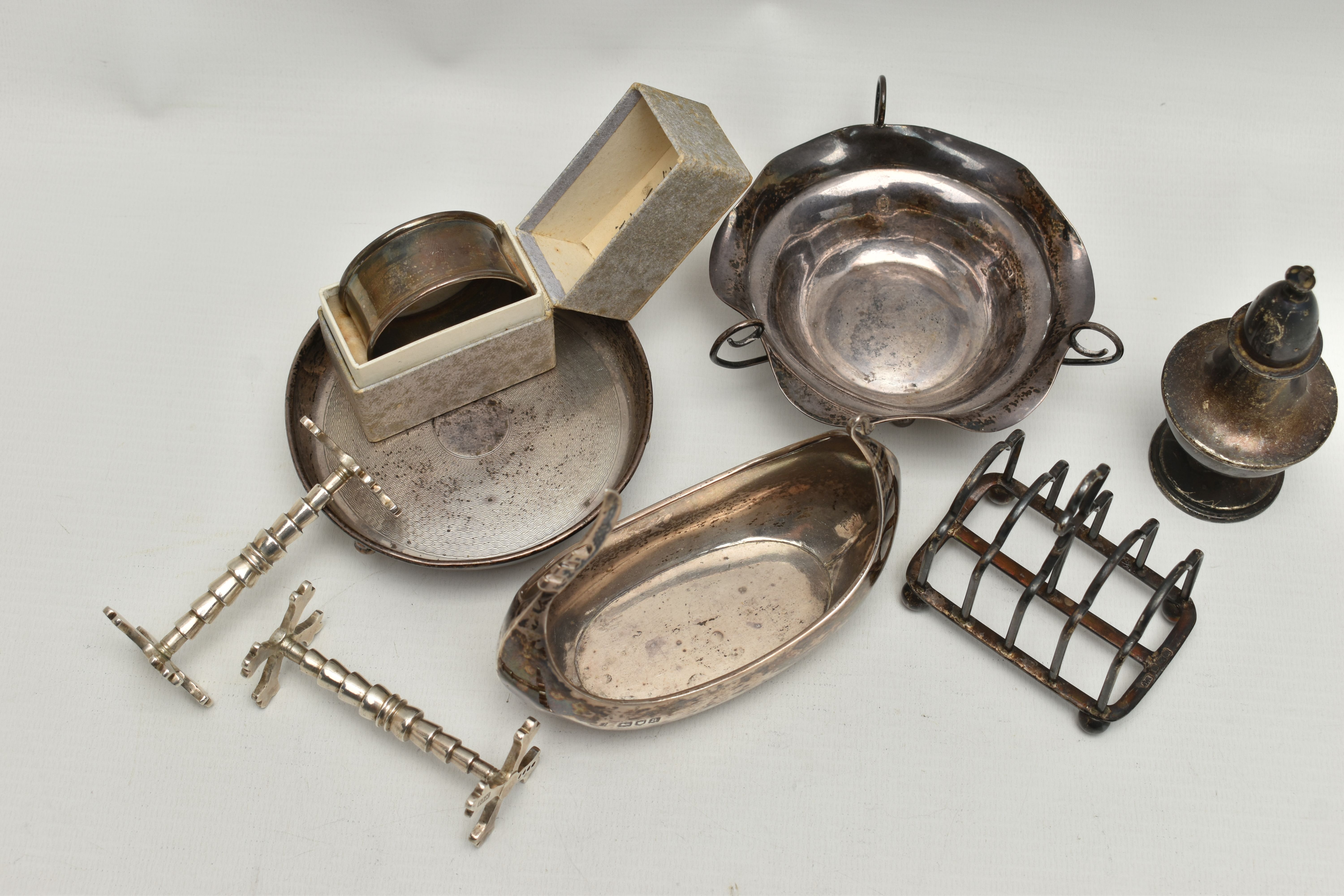 A PARCEL OF SILVER ITEMS, to include two early Victorian knife rests, hallmarked 'John James - Image 4 of 6