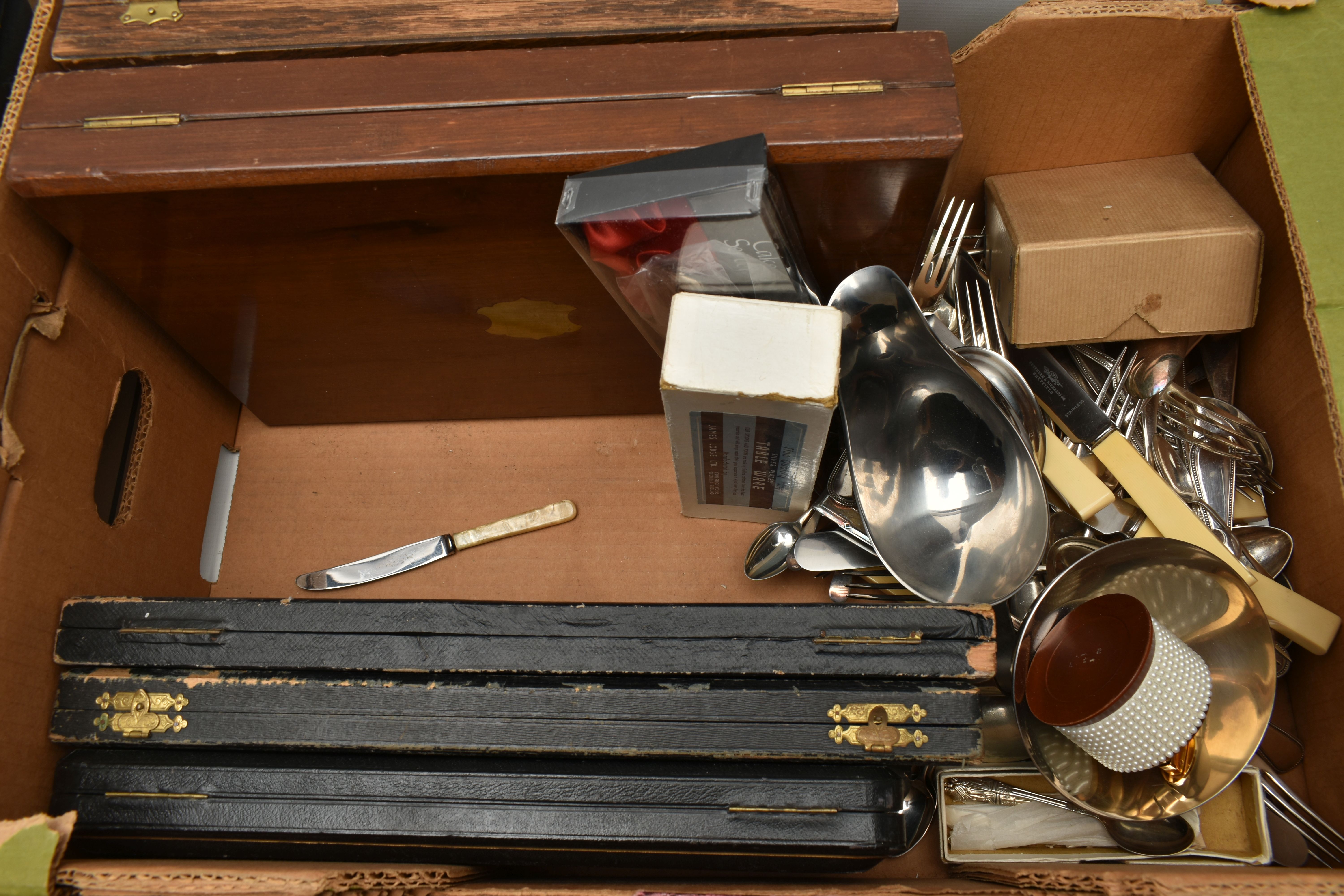 TWO BOXES OF ASSORTED WHITE METAL WARE, to include a three piece tea set comprising of a teapot, - Image 5 of 10