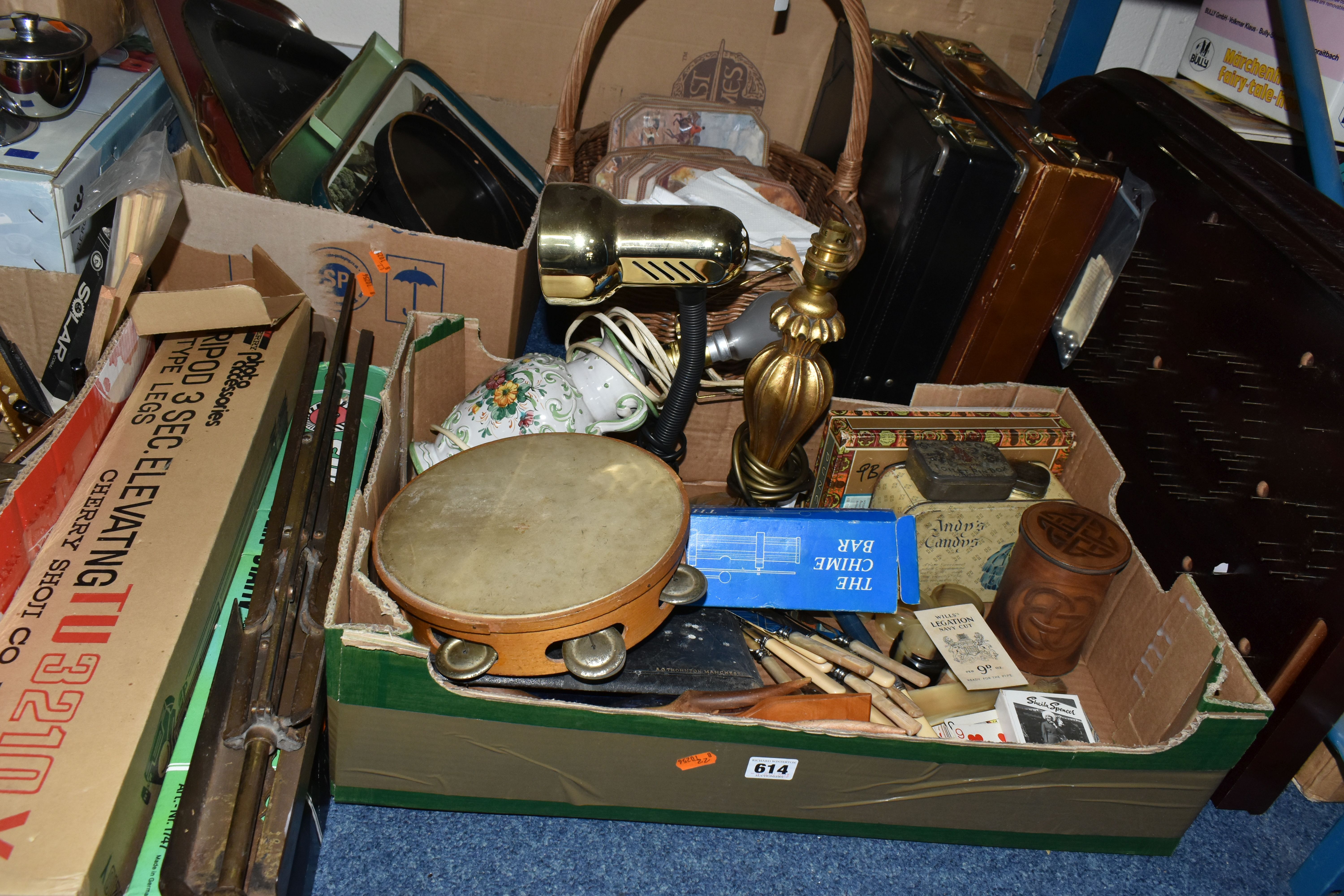 TWO BOXES AND LOOSE METAL WARES AND SUNDRY ITEMS, to include assorted metal, japanned and other