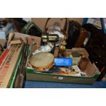 TWO BOXES AND LOOSE METAL WARES AND SUNDRY ITEMS, to include assorted metal, japanned and other