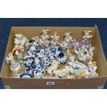 A BOX OF RUSSIAN CERAMIC FIGURES, to include fourteen Gzhel and similar figures of animals and