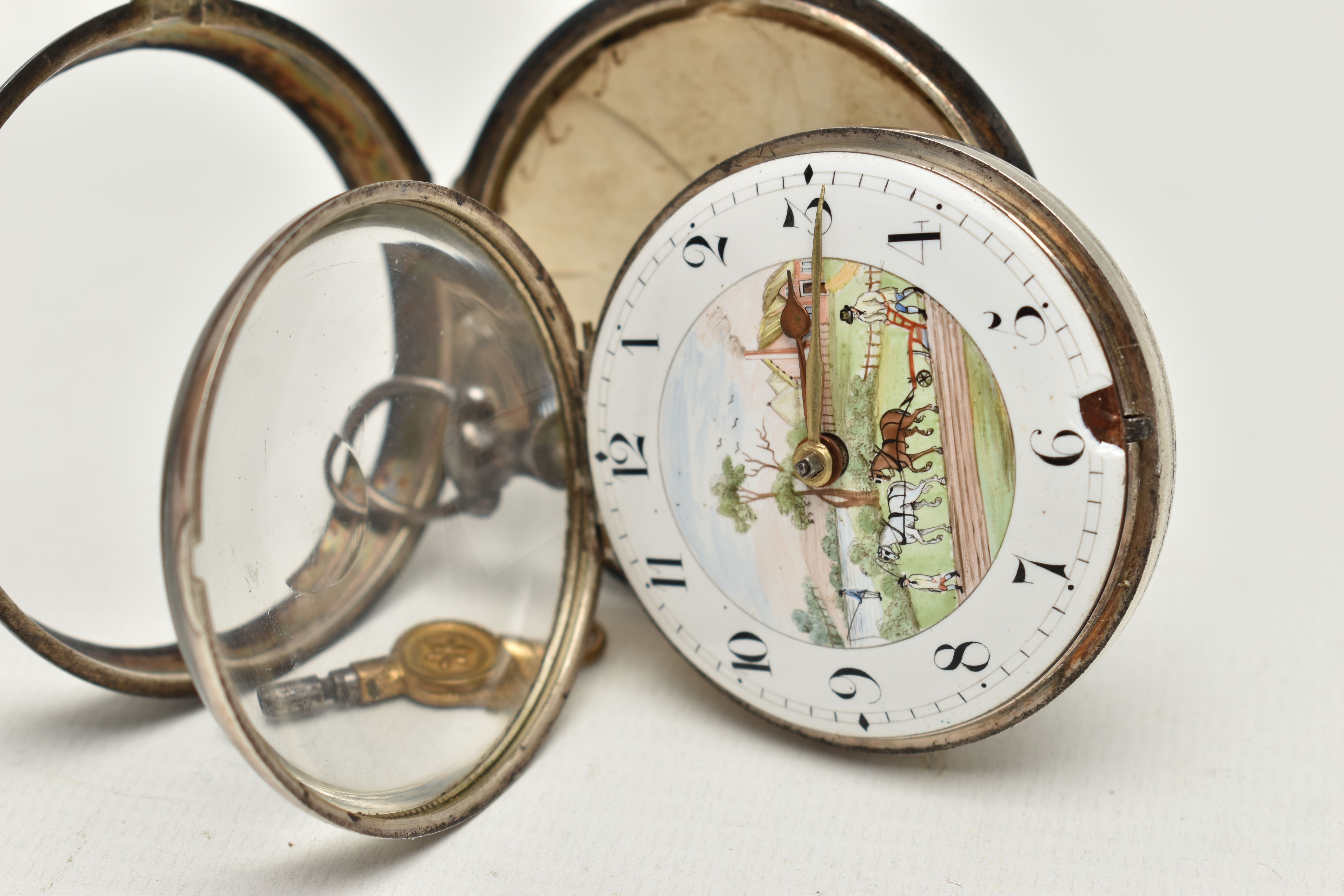 A GEORGE III SILVER PAIR CASED POCKET WATCH, the white enamel dial with Arabic numerals, painted - Image 6 of 9