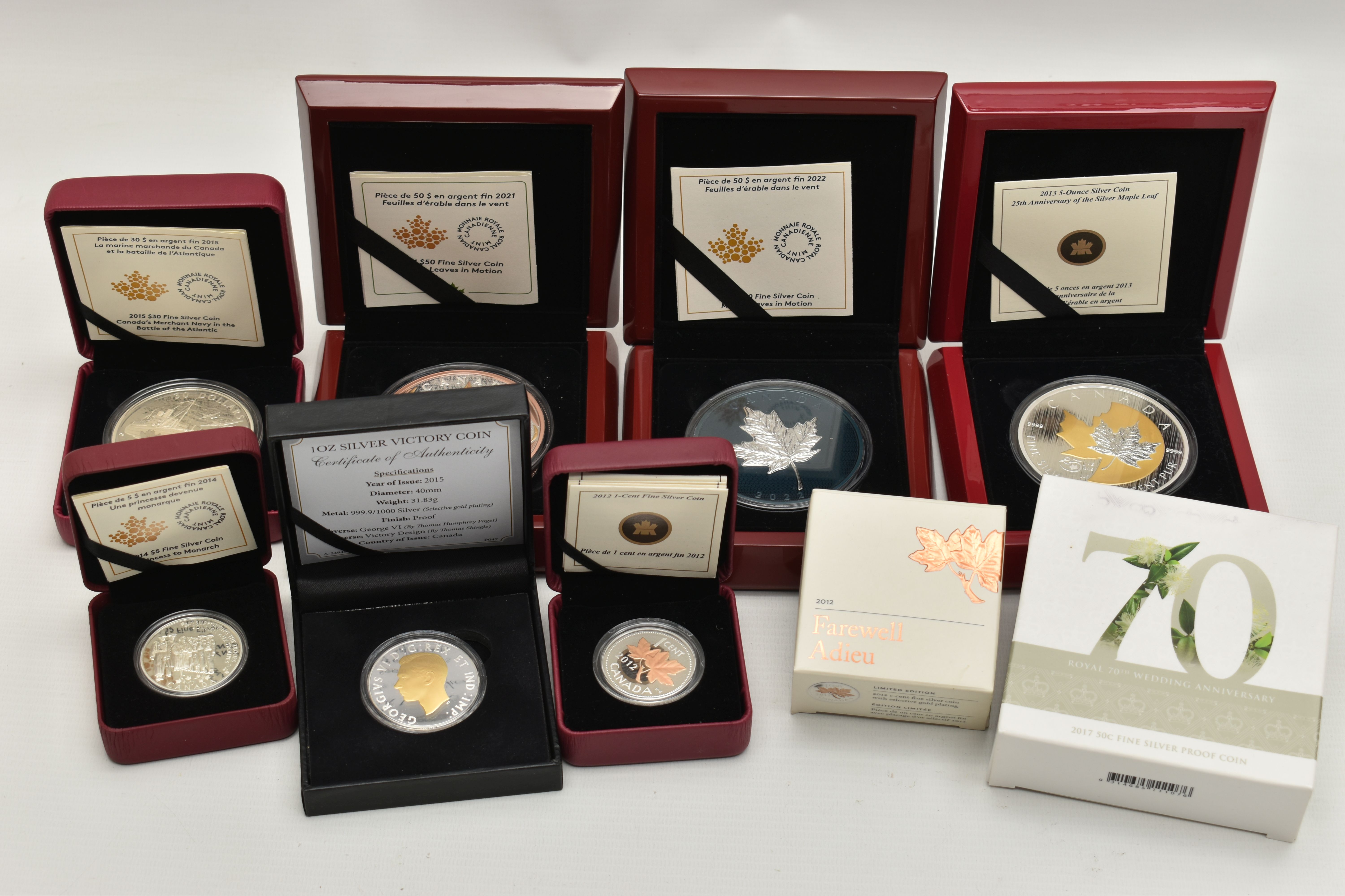 A DISPLAY OF SILVER AND SILVER PROOF COINS, to include Royal Canadian Mints 2013 Proof like 5