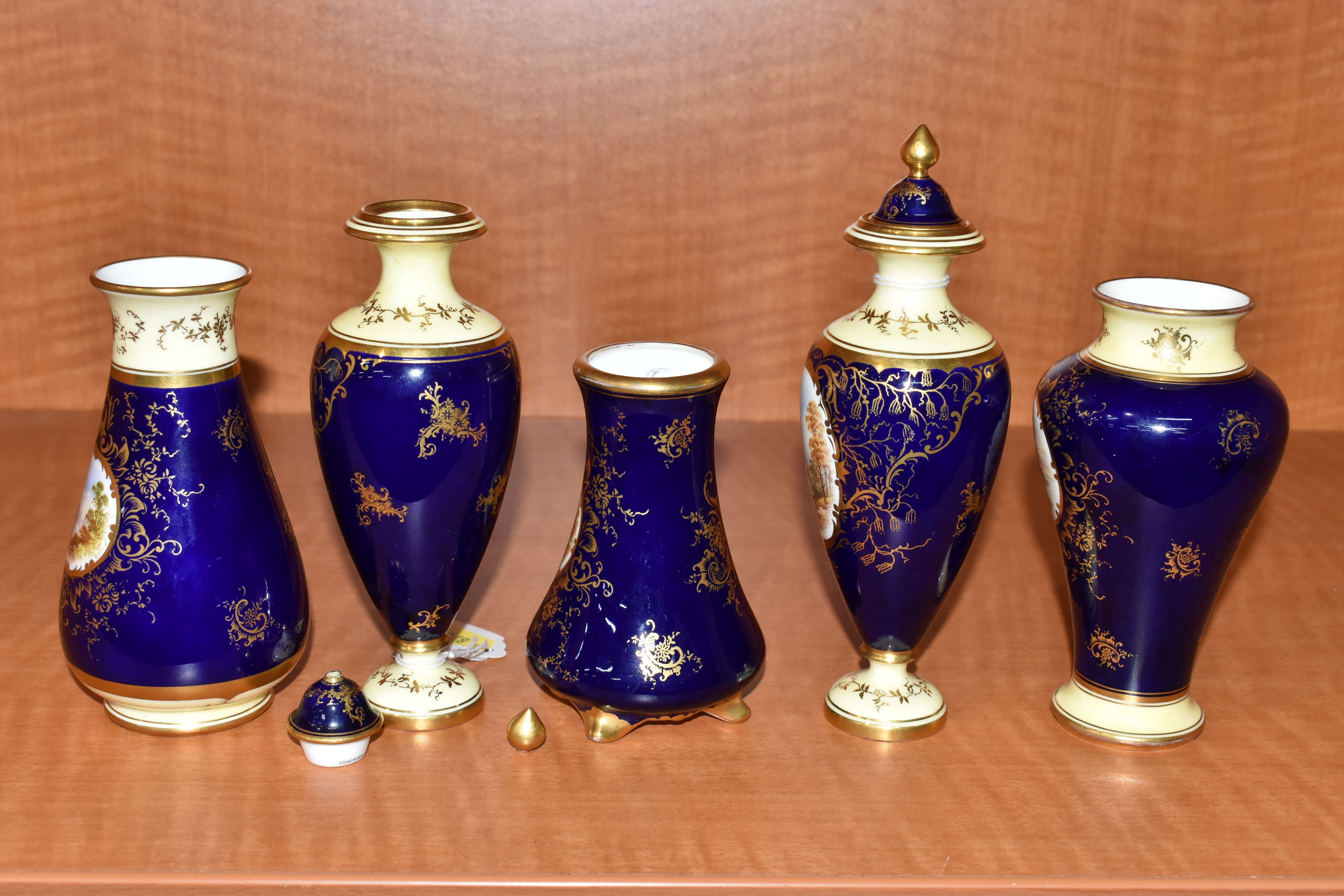 FIVE EARLY 20TH CENTURY COALPORT VASES, all blue and gilt ground, four with pale lemon borders, - Image 9 of 13