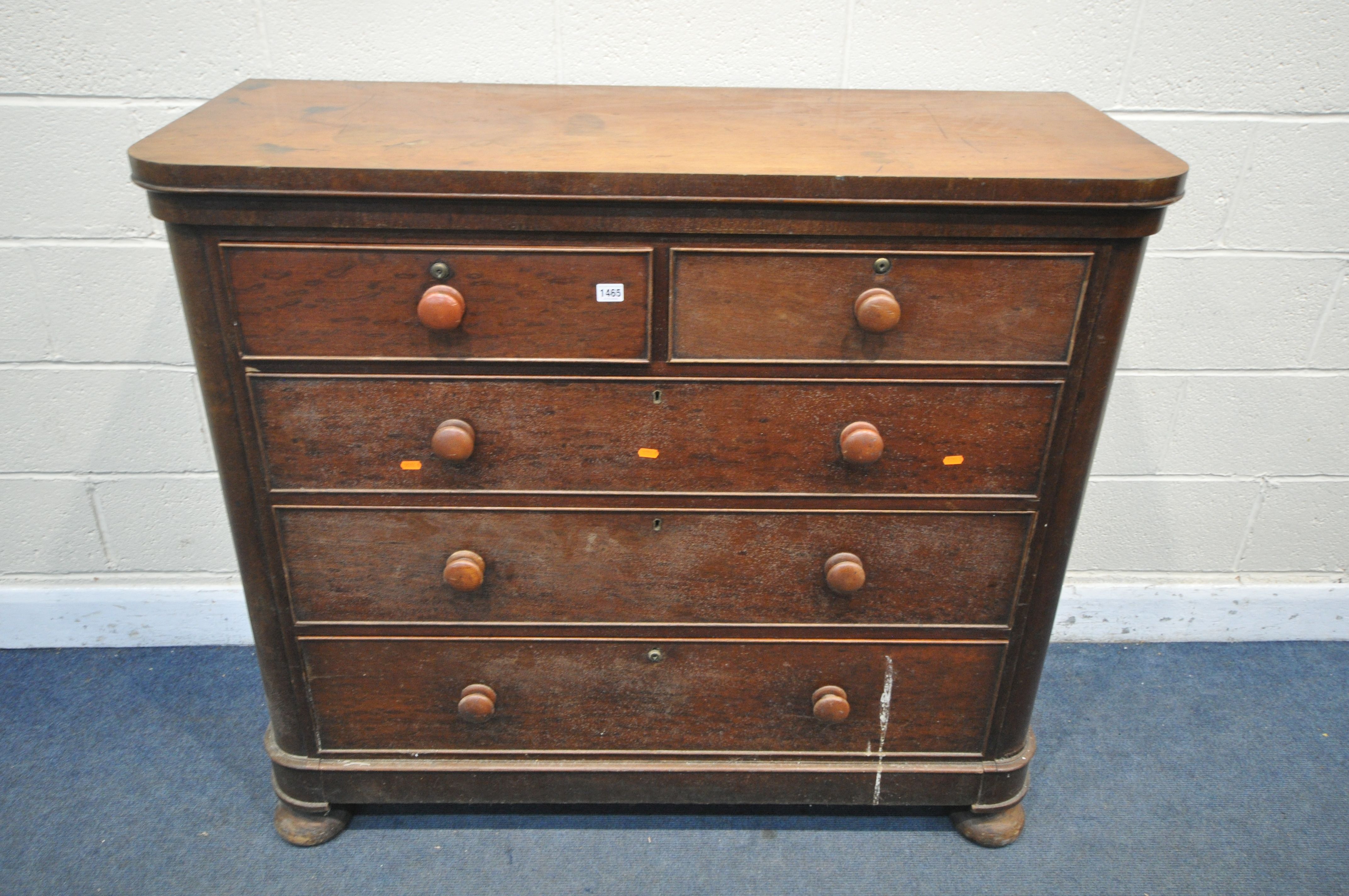 A VICTORIAN WALNUT CHEST OF TWO SHORT OVER THREE LONG DRAWERS, width 127cm x depth 52cm x 112cm (