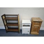 A SELECTION OF OCCASSIONAL FURNITURE, comprising a pine bedside cabinet, a painted white bedside