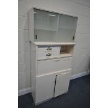 A EARLY 20TH CENTURY PAINTED KITCHEN CABINET, with a later glazed glass front top, width 82cm x