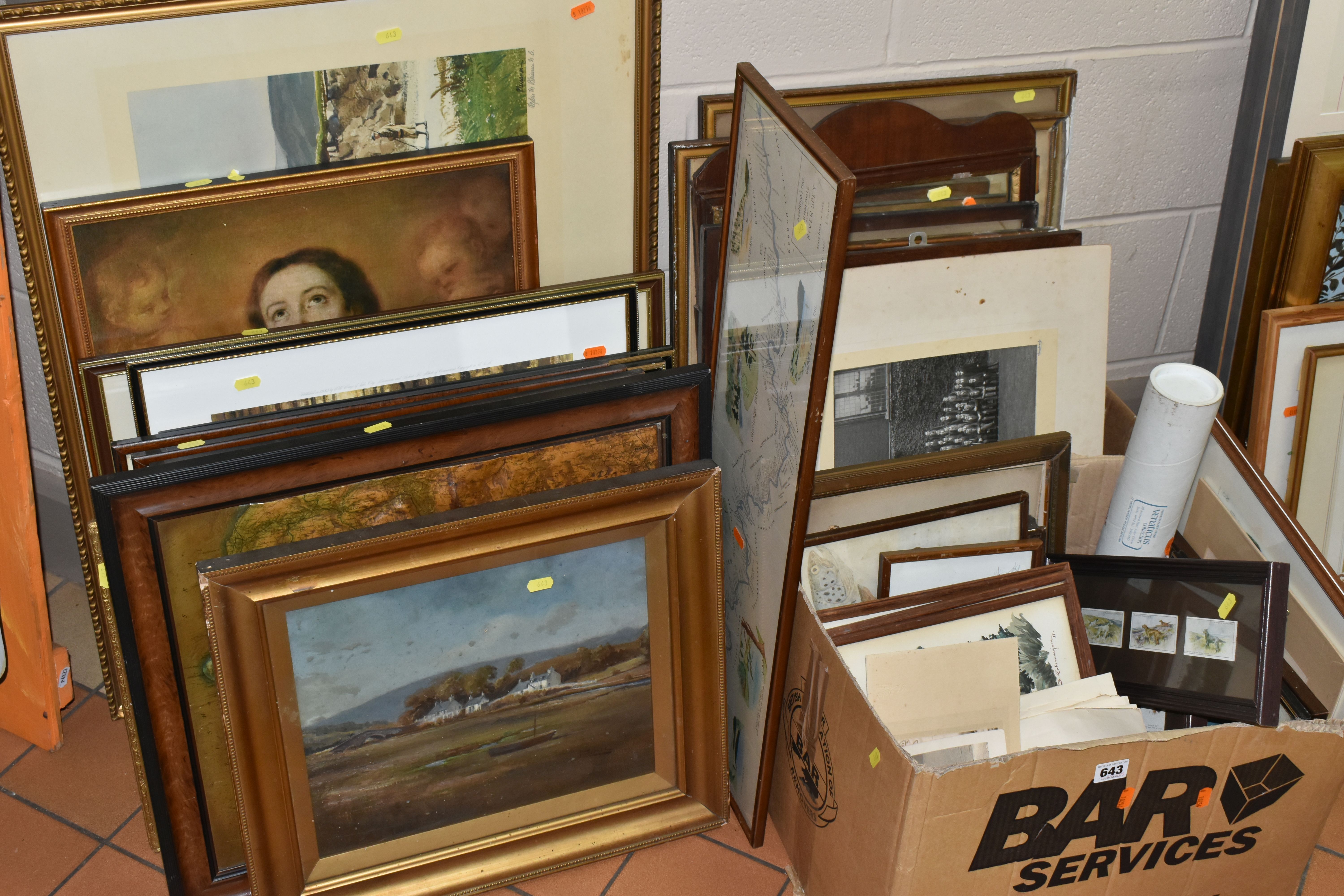 TWO BOXES AND LOOSE PICTURES AND PRINTS ETC, to include an oil on board depicting Aros Bridge in