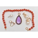 A CORAL BRACELET, TWO PAIRS OF EARRINGS AND A PENDANT, single row of polished coral beads,