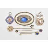 AN ASSORTMENT OF SILVER AND WHITE METAL, to include a silver fob medallion with yellow metal