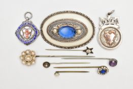 AN ASSORTMENT OF SILVER AND WHITE METAL, to include a silver fob medallion with yellow metal