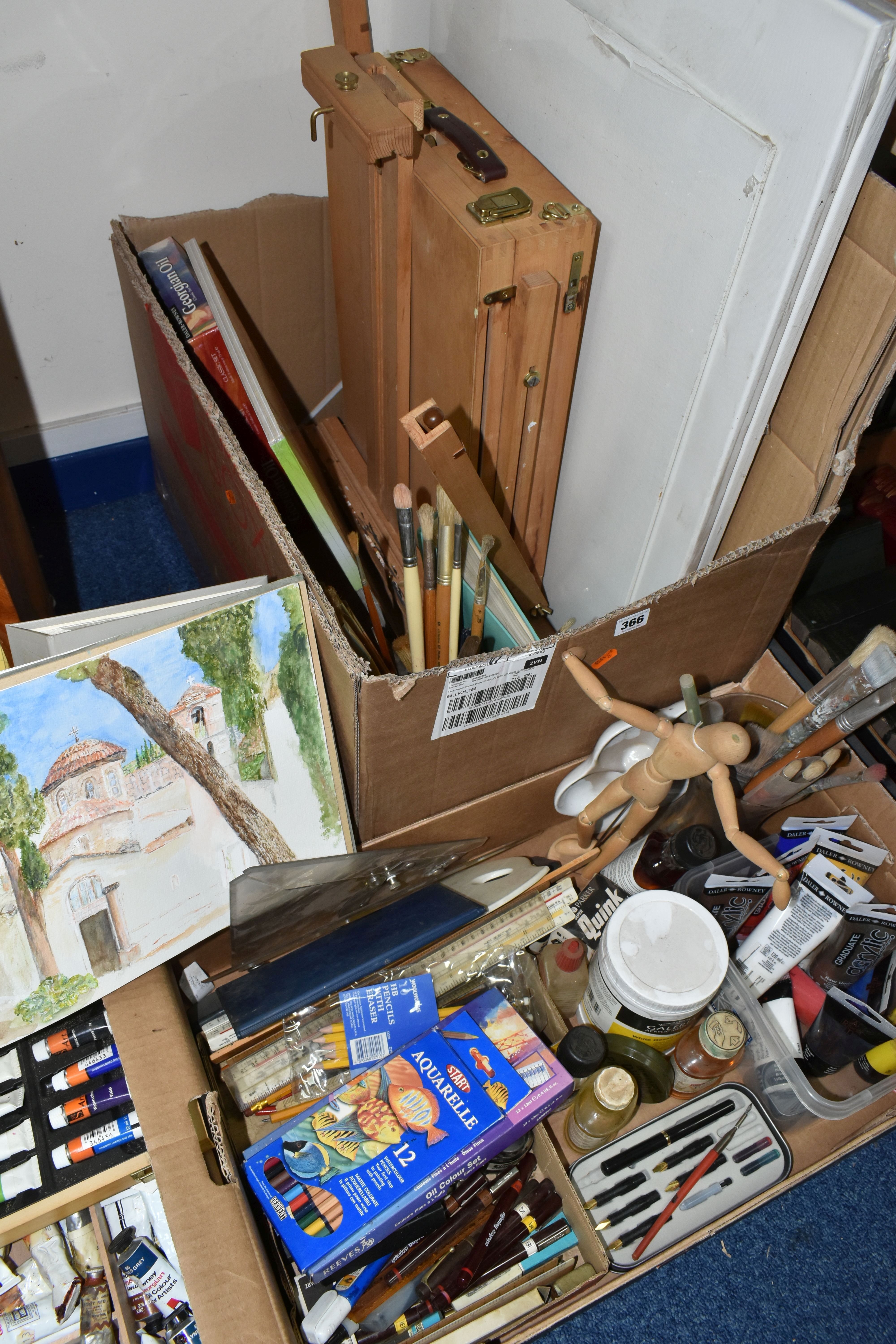 TWO BOXES OF ARTISTS MATERIALS, EASELS AND CANVAS, to include an assortment of brushes Crimson &