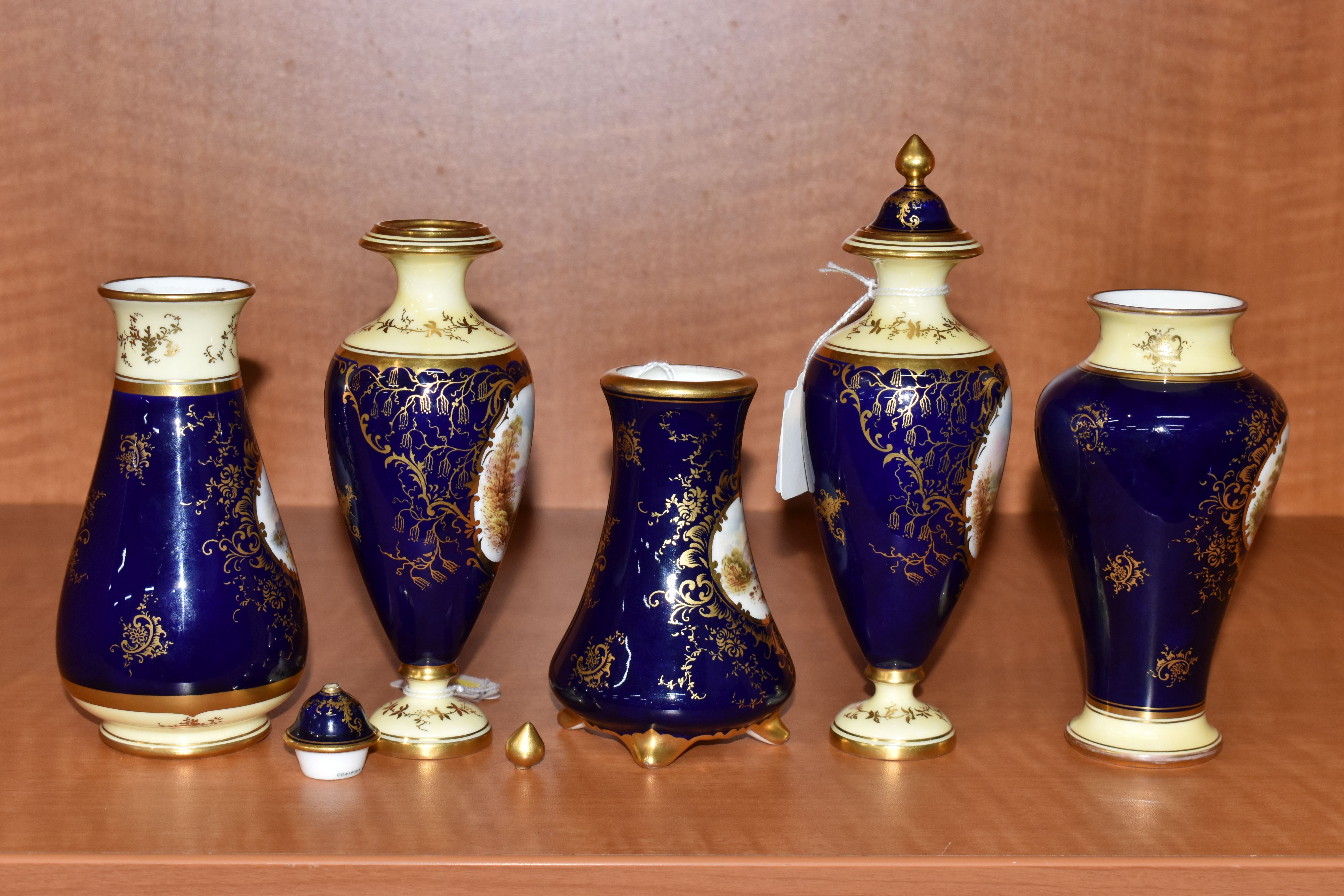 FIVE EARLY 20TH CENTURY COALPORT VASES, all blue and gilt ground, four with pale lemon borders, - Image 7 of 13