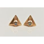 A PAIR OF YELLOW METAL DIAMOND EARRINGS, each earring of a triangular form set with a small round