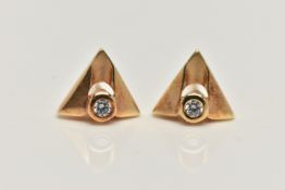A PAIR OF YELLOW METAL DIAMOND EARRINGS, each earring of a triangular form set with a small round
