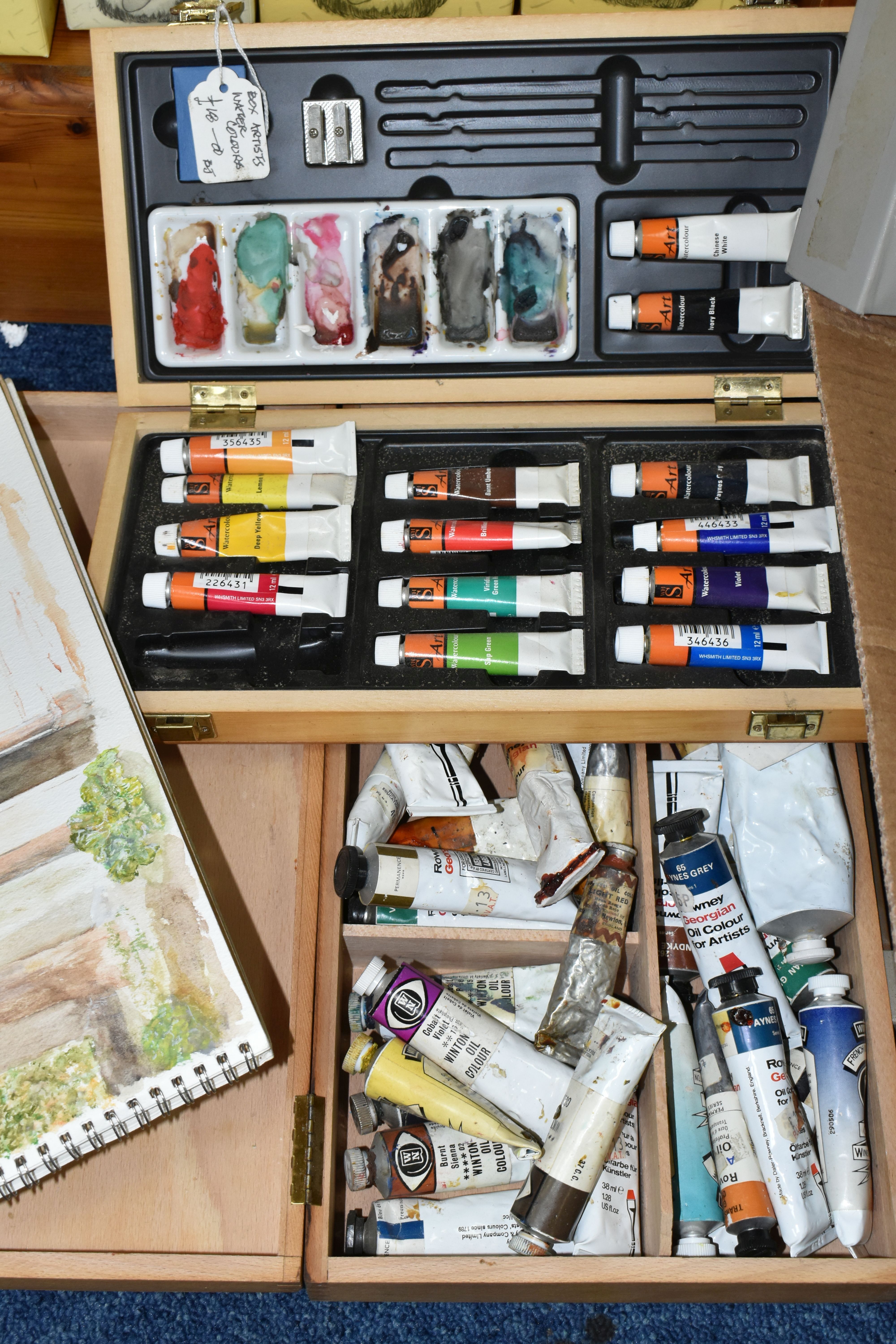 TWO BOXES OF ARTISTS MATERIALS, EASELS AND CANVAS, to include an assortment of brushes Crimson & - Image 4 of 5