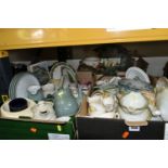 THREE BOXES OF CERAMICS, to include a Denby 'Regency Green' teapot, jug and three dinner plates, a