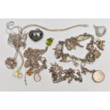 AN ASSORTMENT OF WHITE METAL JEWELLERY, to include three bracelets, three necklaces, four pendants