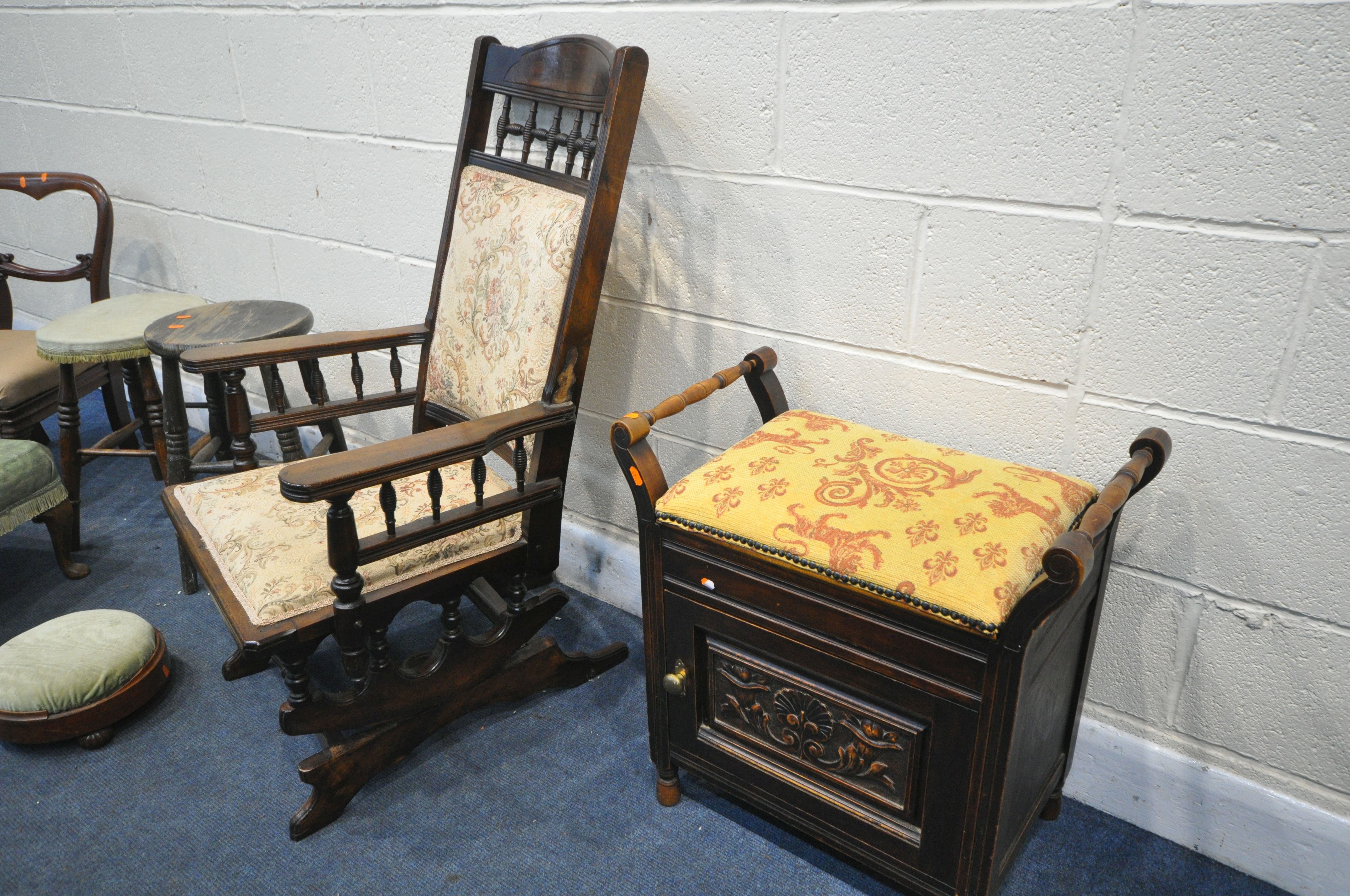 A SELECTION OF CHAIRS AND STOOLS, to include an Edwardian American rocking chair, an Edwardian piano - Image 2 of 3