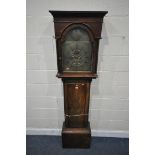 A GEORGE III A FLAME MAHOGANY EIGHT DAY LONGCASE CLOCK, the box hood with a spiralled pillars,