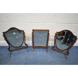 TWO MAHOGANY SHIELD SHAPED SWING MIRRORS, and a rectangular mirror (condition: some chips and wear