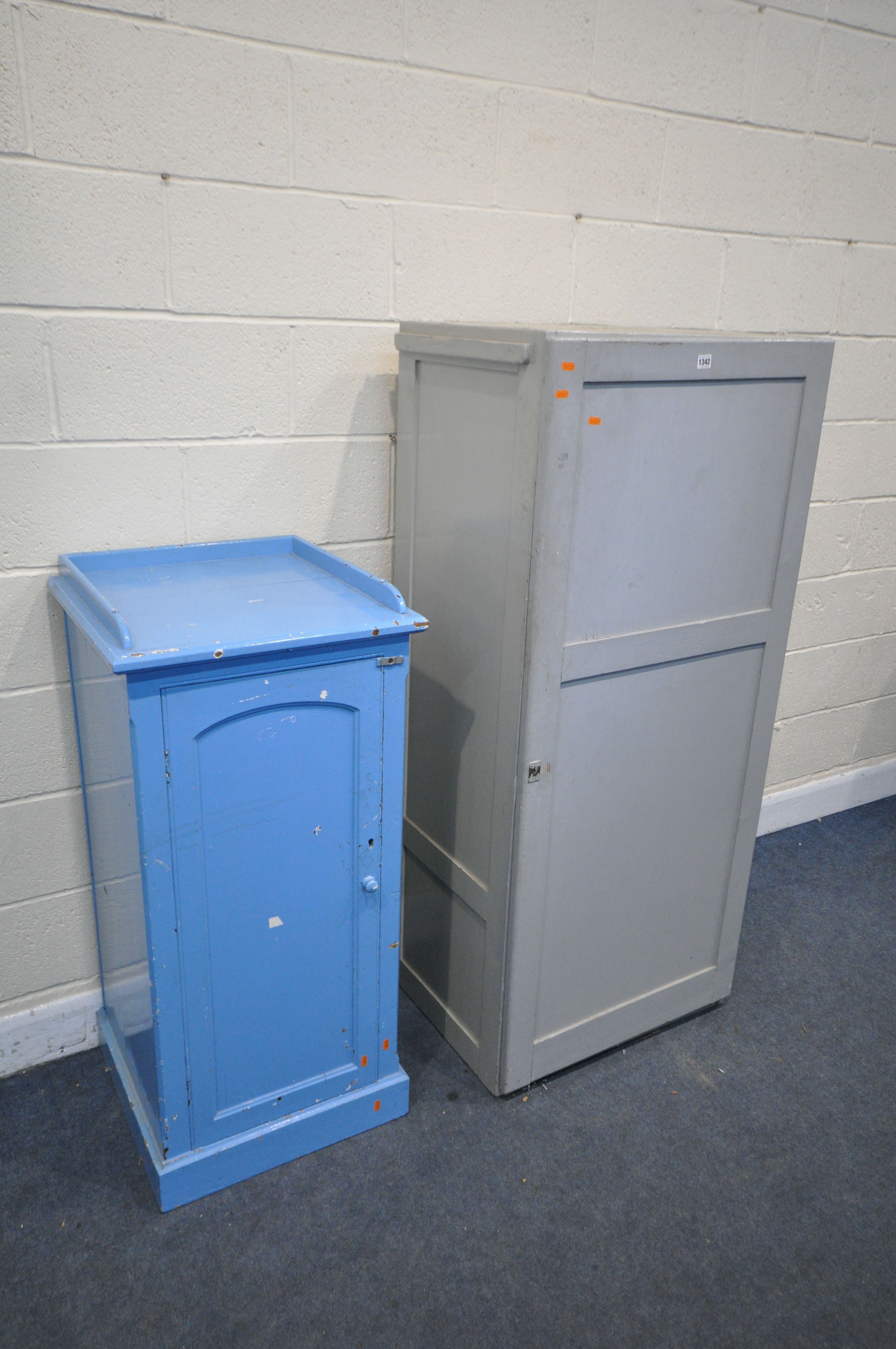 TWO VINTAGE PAINTED PINE CUPBOARDS, the taller cabinet enclosing an arrangement of shelves, width