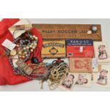 A BOX OF ASSORTED ITEMS, to include a selection of costume jewellery, an assortment of travel games,