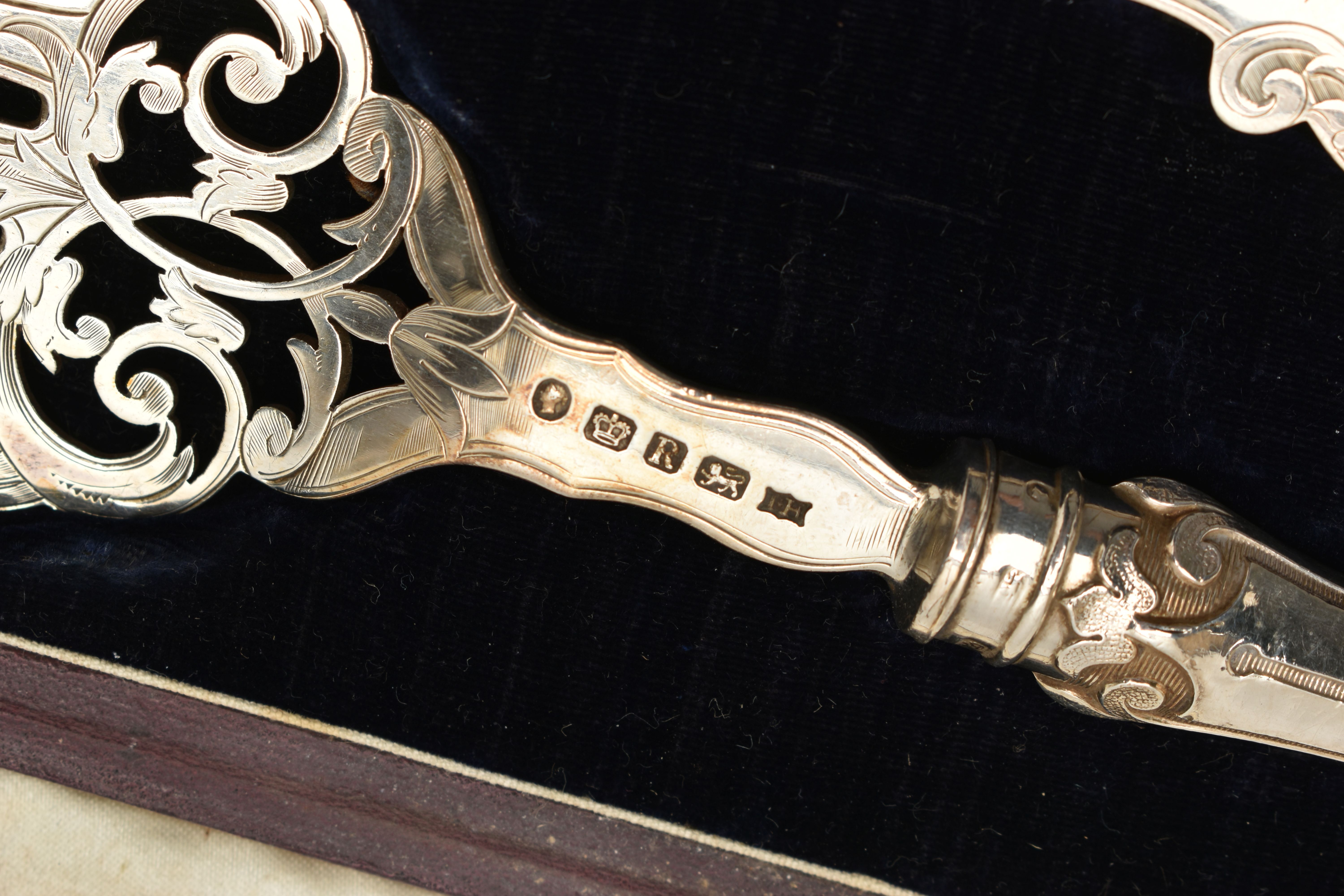 A CASED MID VICTORIAN SILVER FISH SERVER SET, comprising of knife and fork server, open work foliage - Image 3 of 5