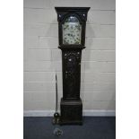 A GEORGIAN CARVED OAK 8 DAY LONGCASE CLOCK, the box hood with a domed glass door enclosing a painted