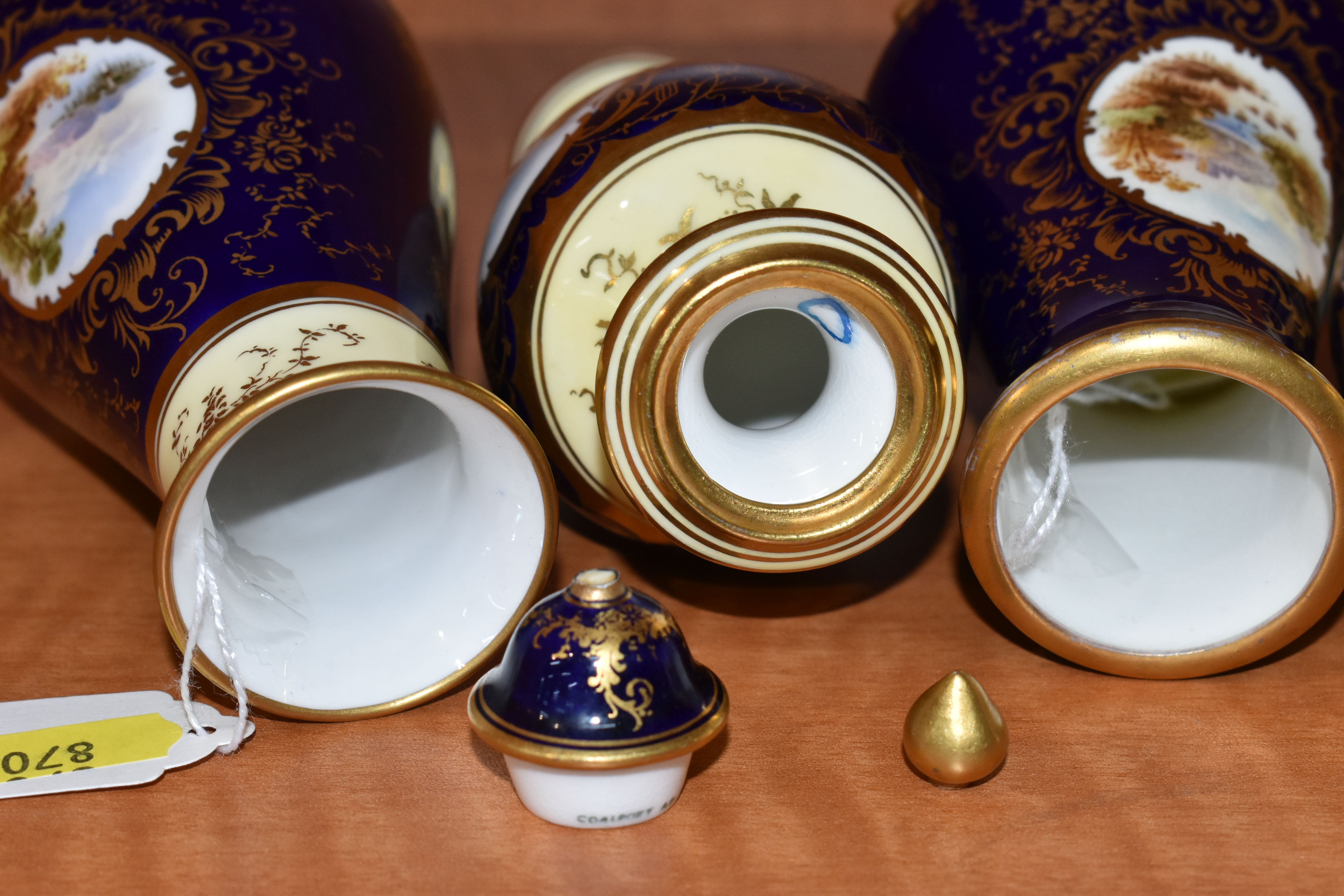 FIVE EARLY 20TH CENTURY COALPORT VASES, all blue and gilt ground, four with pale lemon borders, - Image 10 of 13