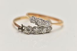 TWO DIAMOND SET RINGS, the first an AF five stone diamond ring (one diamond missing), estimated