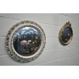 A FRENCH CREAM AND GILT PAINTED CONVEX WALL MIRROR, diameter 60cm, along with a gilt framed convex