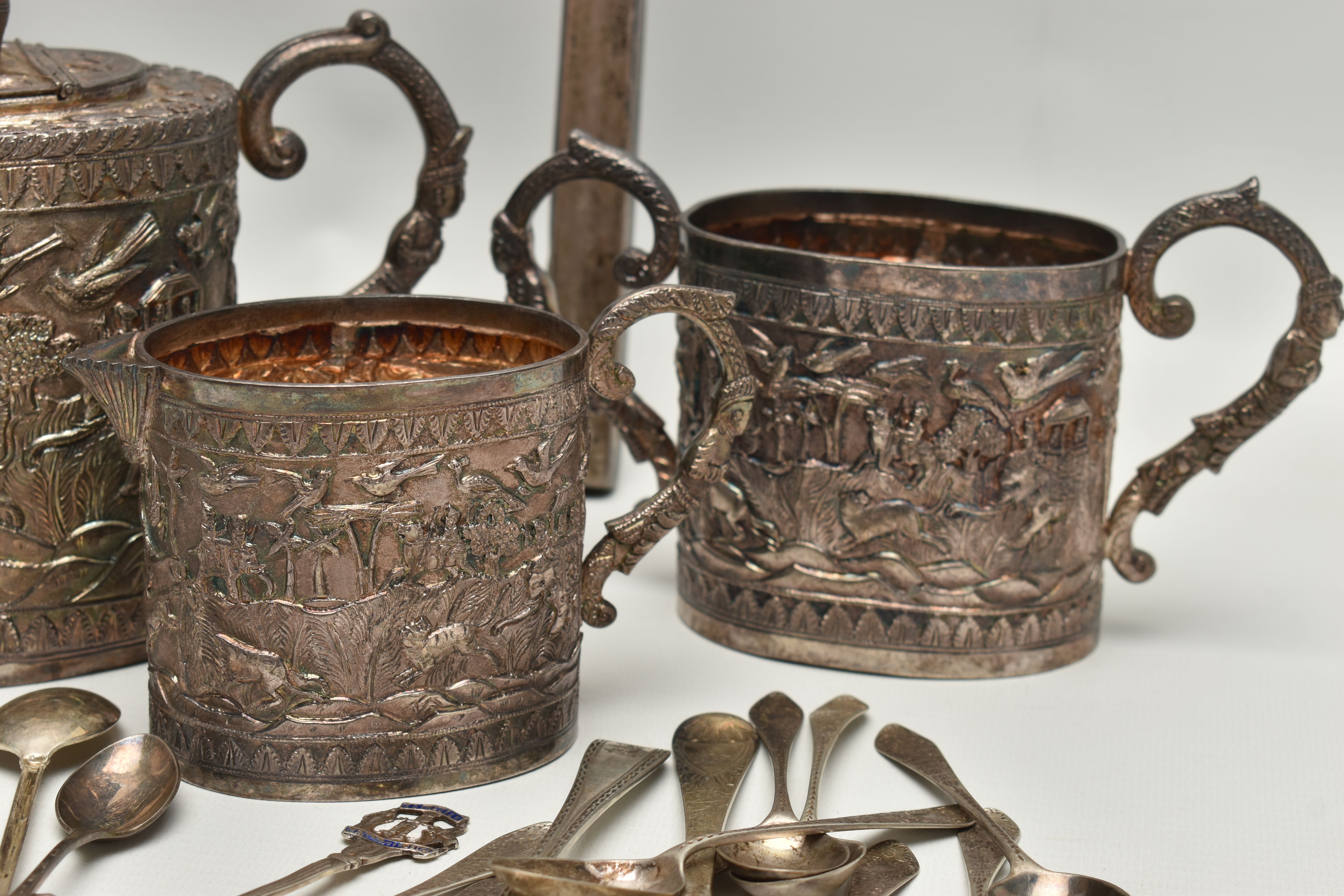 A BOX OF ASSORTED WHITE METAL WARE, to include eight silver teaspoons, a silver fork, a single - Image 8 of 11