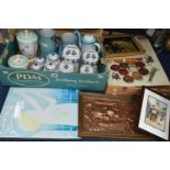 TWO BOXES OF CERAMICS, FRAMED PRINTS AND A WALL PLAQUE, comprising a set of for French lidded