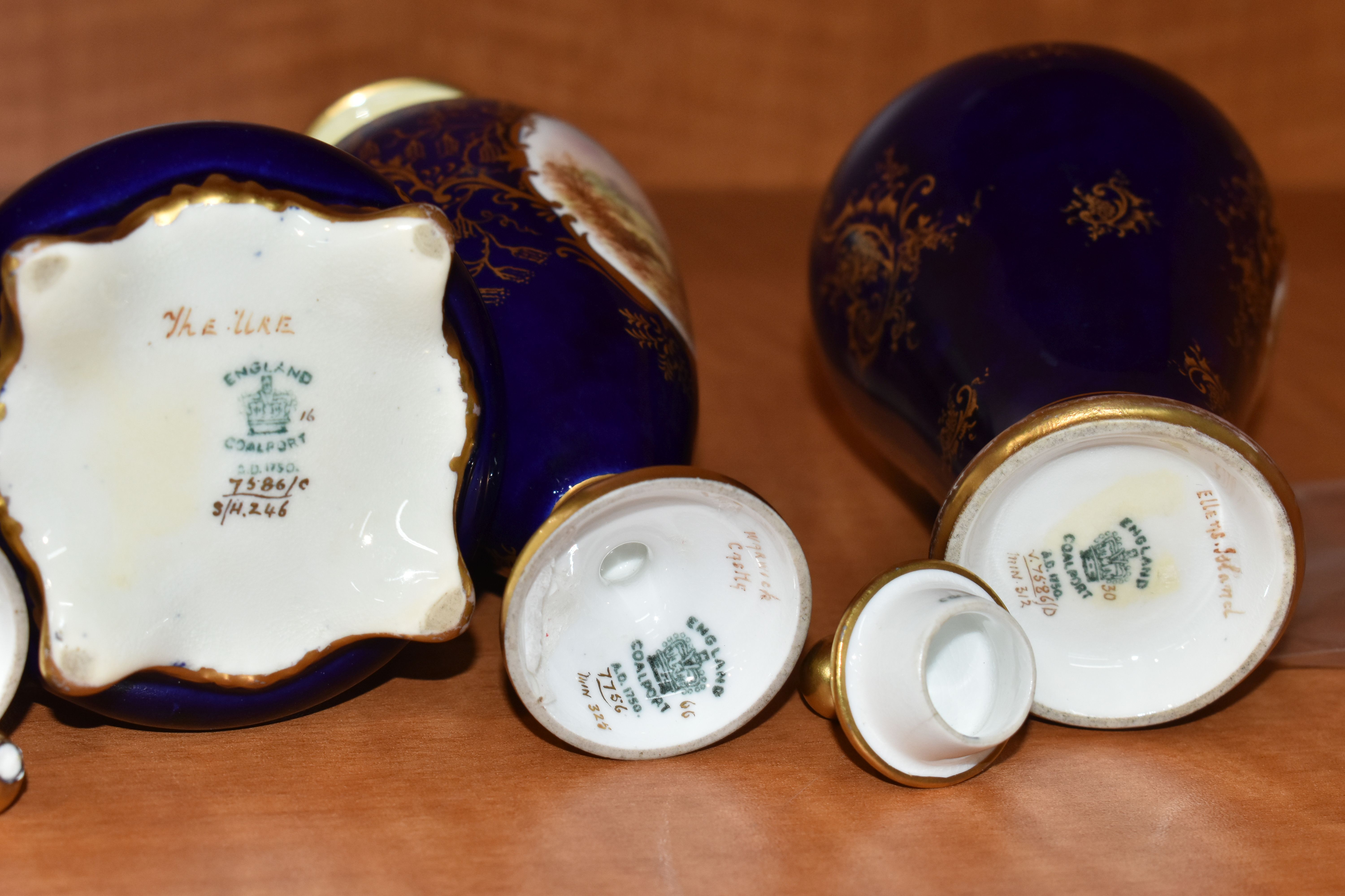 FIVE EARLY 20TH CENTURY COALPORT VASES, all blue and gilt ground, four with pale lemon borders, - Image 13 of 13