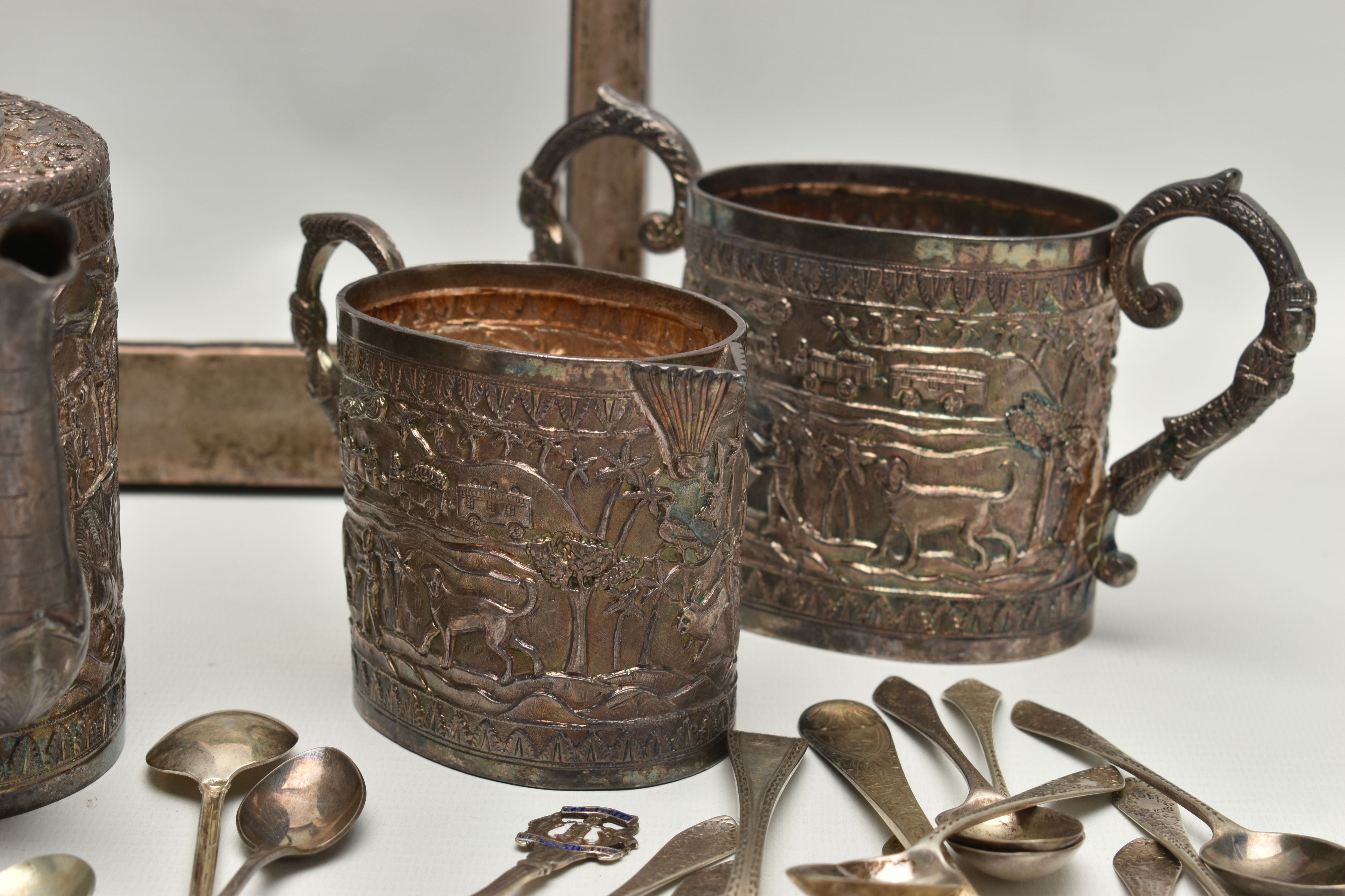 A BOX OF ASSORTED WHITE METAL WARE, to include eight silver teaspoons, a silver fork, a single - Image 5 of 11