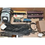 A BOX OF MODEL RAILWAY ITEMS, comprising two controllers by Telos and H & M Flyer, a quantity of