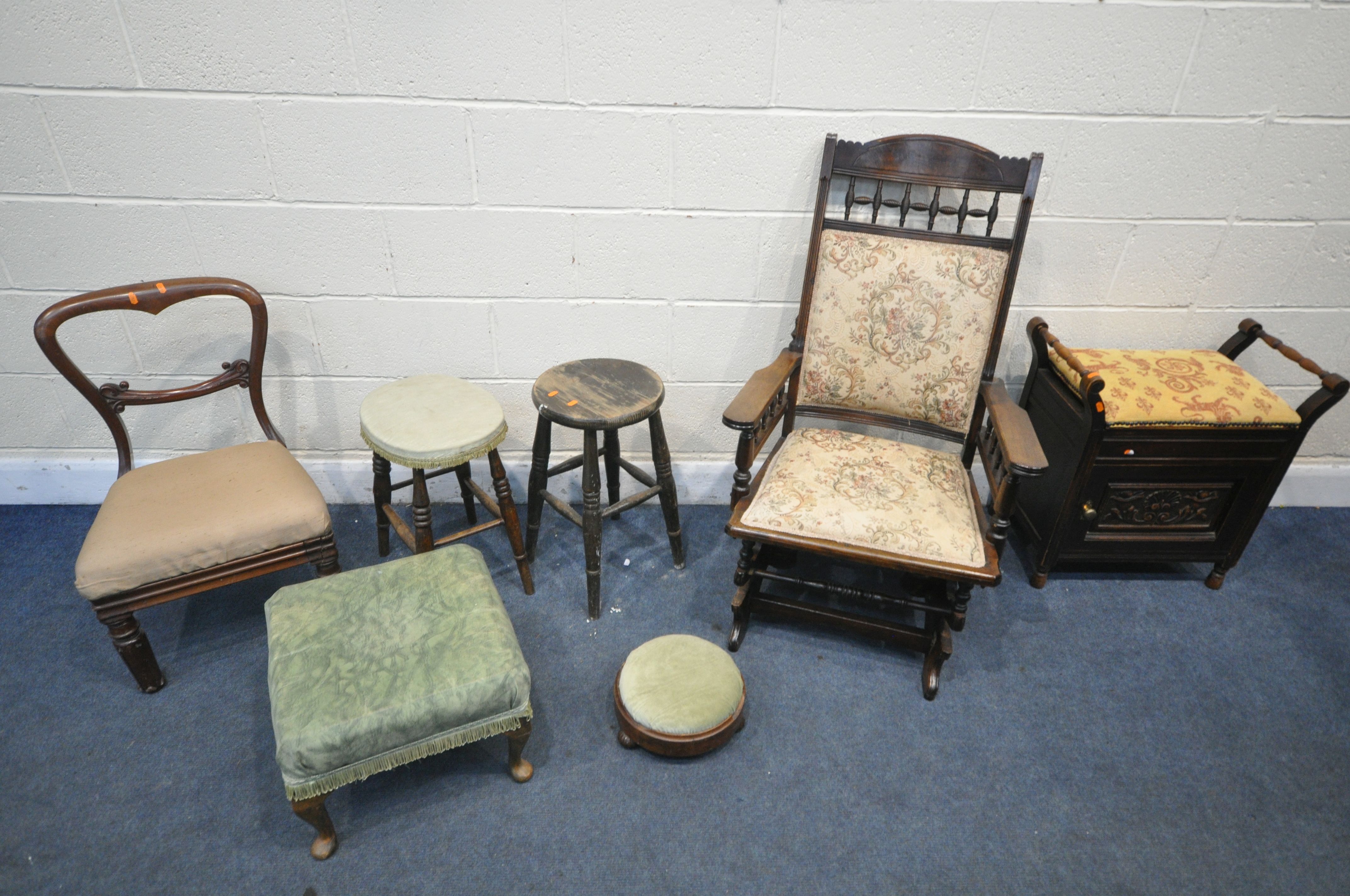 A SELECTION OF CHAIRS AND STOOLS, to include an Edwardian American rocking chair, an Edwardian piano