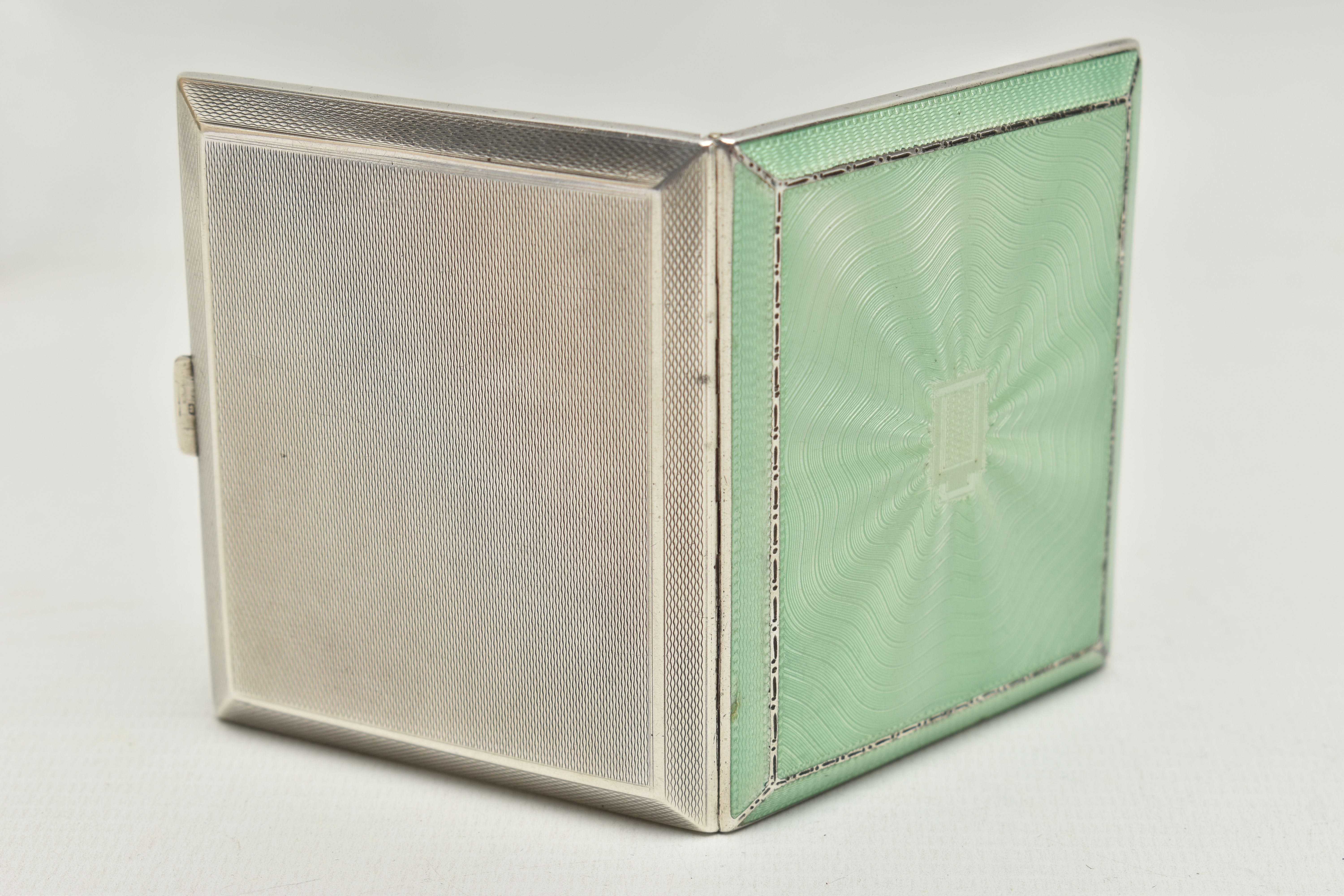 A SILVER AND GUILLOCHE ENAMEL CIGARETTE CASE, rectangular form case, mint green guilloche enamel - Image 2 of 4